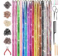 Druuzyl Kit de 16 Couleurs Paillettes pour Cheveux 48 pouces, Kit de Guirlandes à Cheveux à Paillettes avec Outils, Kit Extension de Cheveux Colorés, Accessoires de Fête pour Femmes Filles et Enfants