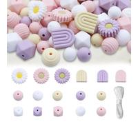 Druuzyl Lot de 76 Perles Rondes en Silicone en Forme de Fleur Perles en Silicone en Forme de Marguerite en Vrac en Fleur Avec Corde en Nylon pour Porte-clés Colliers Bracelets