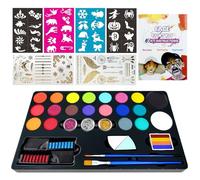 Druuzyl Palette Maquillage Enfants 32 Pièces - Peinture Visage Professionnelle 20 Couleurs, Kit Sécurité Hypoallergénique pour Carnaval/Anniversaire/Fêtes (Matériel Complet Pinceaux + Stickers)