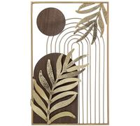 DRW Applique murale rectangulaire en métal et bois avec feuilles dorées 2,5 x 35 x 56 cm