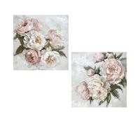 DRW Bestpricepictures Lot de 2 tableaux carrés avec fleurs 40% peintes à la main et cadre en bois blanc, vert et rose 80 x 80 x 3 cm