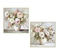 DRW Bestpricepictures Lot de 2 tableaux carrés sur toile avec vases et fleurs 80% peints à la main et cadre en bois blanc, vert et rose 80 x 80 x 3,5 cm