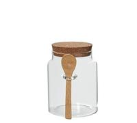 DRW Bocal en verre borosilicate de 700 ml avec bouchon en liège et cuillère en bois transparent et marron 14 x 10 x 10 cm