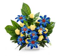 DRW Centre de Fleurs artificielles Bleues et Jaunes pour églises, cimetières et célébrations avec gerberas et bourgeons 57 x 15 x 60 cm