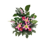 DRW Centre de fleurs artificielles cimetière, église, mariages, tombes, fleurs sauvages, rose fuchsia avec lyliums, 70 x 60 x 30 cm