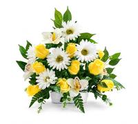 DRW Centre de Fleurs artificielles Jaune et Blanc pour églises, cimetières et célébrations avec bourgeons, Dahlias et orchidées 55 x 15 x 44 cm