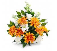 DRW Centre de Fleurs artificielles Jaune orangé et Blanc pour églises, cimetières et célébrations avec Roses et Dahlias 40 x 15 x 55 cm