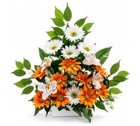 DRW Centre de Fleurs artificielles Orange et Blanc pour églises, cimetières et célébrations avec gerberas et orchidées 50 x 15 x 50 cm
