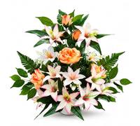 DRW Centre de Fleurs artificielles Rose Saumon et Blanc pour églises, cimetières et célébrations avec lyliums et Roses 60 x 20 x 60 cm