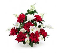 DRW Centre de Fleurs artificielles Rouge et Blanc pour églises, cimetières et célébrations avec Dahlias et Roses 50 x 15 x 50 cm