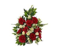 DRW Centre Fleurs Artificielles Cimetière, Saints, Eglises, Anniversaires, Cérémonies, Mariages Blanc et Rouge avec Dahlias Rouges et Roses Blanches 65x60x35 cm