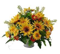 DRW Centre Fleurs Artificielles Cimetière, Saints, Eglises, Anniversaires, Cérémonies, Mariages Ronds avec Tournesols Jaunes 40x50 cm