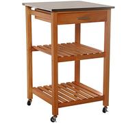 DRW Chariot de Cuisine avec 1 tiroir et 2 étagères en pin et Couvercle en Acier Inoxydable Couleur Bois 54 x 54 x 86 cm
