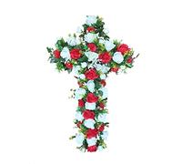DRW Croix de Fleurs artificielles cimetière, Saints, Anniversaires Roses Blanches et Rouges 83 x 55 x 15 cm