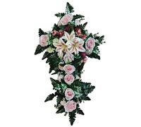 DRW Croix de Fleurs artificielles Roses avec Roses pour cimetière, Saints, églises, anviersaires 95 x 52 x 15 cm