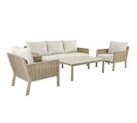 DRW Ensemble canapé, Table Basse et 2 fauteuils en Aluminium et rotin Beige et Naturel Fauteuil 75 x 85 x 75 cm Canapé : 165 x 85 x 75 cm Table : 90 x 60 x 44 cm
