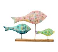 DRW Figurine de 3 Poissons en Fer avec Base en Bois Bleu, Rose et Vert 83 x 16 x 51 cm