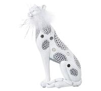 DRW Figurine d'un léopard avec Plume Artificielle en résine Blanche et argentée 16 x 8 x 25 cm
