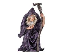 DRW Figurine sorcière avec Balai et Boule en Verre en résine Peinte à la Main 29 cm