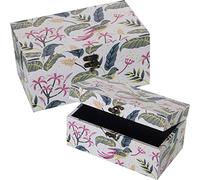 DRW Lot de 2 boîtes rectangulaires en bois MDF avec toile en polyester avec oiseaux et feuilles, 30 x 18 x 15 cm et 24 x 14 x 12 cm