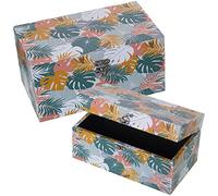 DRW Lot de 2 boîtes rectangulaires en bois MDF et toile polyester avec feuilles 30 x 18 x 15 cm et 24 x 14 x 12 cm