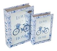 DRW Lot de 2 caisses livre en bois MDF avec miroir et intérieur en velours bleu et blanc 30 x 20 x 7 cm et 24 x 16 x 5 cm