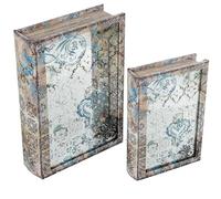 DRW Lot de 2 caisses livre en bois MDF avec miroir et intérieur en velours naturel et fleuri 30 x 20 x 7 cm et 24 x 16 x 5 cm