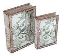 DRW Lot de 2 caisses livre en bois MDF avec miroir et intérieur en velours naturel et vert 30 x 20 x 7 cm et 24 x 16 x 5 cm