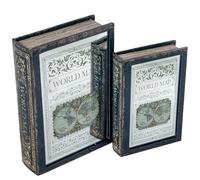 DRW Lot de 2 caisses livre en bois MDF avec miroir et intérieur en velours vert et blanc 30 x 20 x 7 cm et 24 x 16 x 5 cm