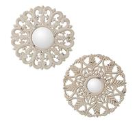 DRW Lot de 2 miroirs Mandalas Ronds en Bois MDF ajourés Blanc Vieilli 40 x 1,5 cm