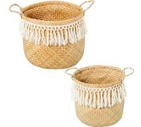 DRW Lot de 2 paniers ronds avec franges en herbe de mer naturelle et blanche 40 x 40 x 30 cm