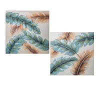 DRW Lot de 2 tableaux rectangulaires en toile avec feuilles beige et bleu 60 x 3 x 60 cm