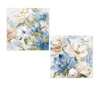 DRW Lot de 2 tableaux sur toile avec cadre en bois avec assortiment de fleurs avec une partie à la main en blanc et bleu 60 x 3 x 60 cm