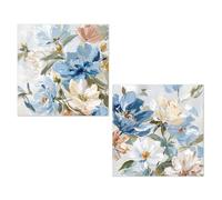 DRW Lot de 2 tableaux sur toile avec cadre en bois avec assortiment de fleurs avec une partie à la main en bleu et beige 40 x 3 x 40 cm