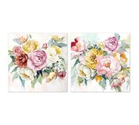 DRW Lot de 2 tableaux sur toile avec cadre en bois avec assortiment de fleurs avec une partie à la main en rose, blanc et bleu 80 x 3 x 80 cm