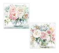 DRW Lot de 2 tableaux sur toile avec cadre en bois avec assortiment de fleurs avec une partie à la main en rose, blanc et bleu 60 x 3 x 60 cm