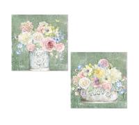 DRW Lot de 2 tableaux sur toile avec cadre en bois avec assortiment de fleurs avec une partie à la main en rose et blanc 50 x 3 x 50 cm