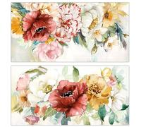 DRW Lot de 2 tableaux sur toile avec cadre en bois avec assortiment de fleurs avec une partie à la main en blanc, rouge et jaune 70 x 3 x 140 cm