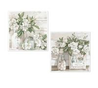 DRW Lot de 2 tableaux sur toile avec cadre en bois avec assortiment de fleurs avec une partie à la main en blanc et vert 40 x 3 x 40 cm