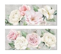 DRW Lot de 2 tableaux sur toile avec cadre en bois avec assortiment de fleurs avec une partie à la main en blanc, rose et vert 55 x 3 x 135 cm