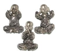 DRW Lot de 3 Figurines de bouddhas avec Tuniques en résine argentée et Noire 16,5 x 11 x 20 cm
