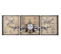 DRW Lot de 3 Horloge Murale avec 1 Avion en métal et Verre argenté 205 x 28 x 75 cm