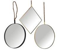DRW Lot de 3 miroirs en métal et Crochet en Corde dorée 35 x 35 cm, 40 x 40 cm et 50 x 50 cm