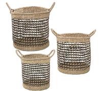 DRW Lot de 3 paniers en herbe de mer en naturel et noir 36x35/43, 33x33/41 et 26x30/38