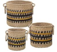 DRW Lot de 3 paniers en herbe de mer en naturel, noir et jaune 38 x 31, 33 x 29 et 27 x 26 cm