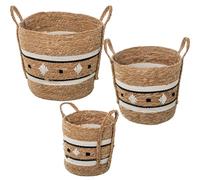 DRW Lot de 3 paniers en herbe de mer et coton naturel, blanc et noir, ø36 x 35 + Ø32 x 29 + Ø27 x 26 cm