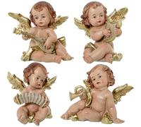 DRW Lot de 4 Petits Anges musicaux en résine Beige et doré 4 x 2 x 9 cm