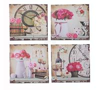 DRW Lot de 4 Tableaux sur Toile Motif Fleurs avec horloges, Couleurs variées, 40 x 40 x 2 cm