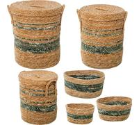 DRW Lot de 6 paniers avec Couvercle en Herbe de mer Naturelle et Verte Ø42 x 48 + Ø37 x 43 + Ø32 x 38 + 33 x 23 x 16 cm