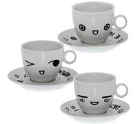 DRW Lot de 6 Tasses à thé en Porcelaine avec Visages en Noir et Blanc 9 x 7,5 cm, Assiette 14 cm